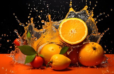 Fototapeta na wymiar fruit splashing water on an orange background. orange in water splash. Illustration. Generative AI.