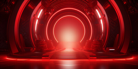Futuristic luxury stand in red color backdrop background, AI Generative
