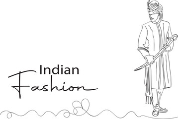 Continuous Outline Sketch of an Indian Man in a Sherwani for Wedding Ceremony - Vector Illustration, Indian Attire for Wedding Ceremonies