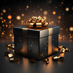 Black gift box with ribbon on sparkeling background.