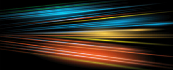Colorful light trails with motion effect. Vector illustration of high speed light effect on black background
