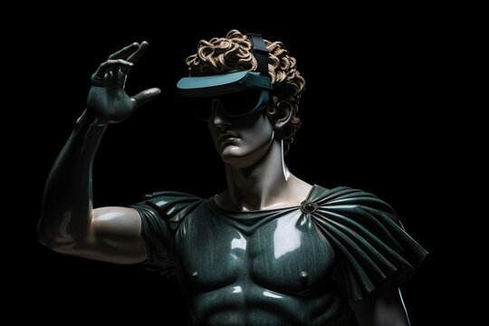 Technology, history and fine-art concept. Roman man sculpture wearing virtual reality goggles. Bust of male with glasses. Generative AI
