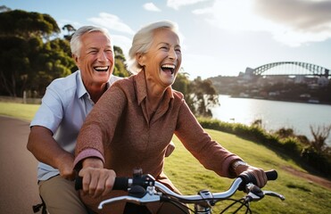 senior couple riding bikes in park