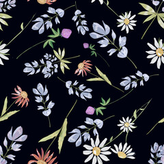 Fototapeta na wymiar Trendy seamless floral textile print midnight flowers. Plants drawn against a dark background, intertwined with each other. Autumn winter floral fabric background, vector, hand drawn