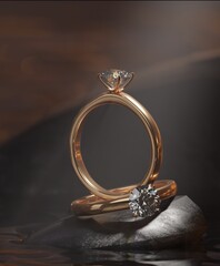 3D rendering design. Two gold diamond rings on the rocks in the lake. with a macro image highlighting the gold ring from the precious jewelry concept. - obrazy, fototapety, plakaty