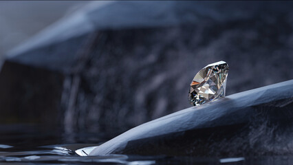 Macro focus side view of diamond on rocks in stream from design with 3d render.