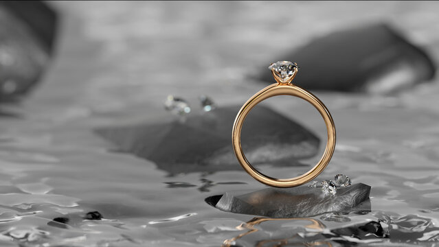 3D rendering design. Gold diamond ring and small diamonds on stones in stream with flowing water as background. with a macro image highlighting the gold ring from the precious jewelry concept.