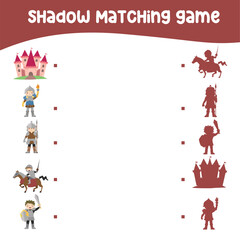 Matching shadows game for kids with medieval kingdom theme. Find the correct shadow of the kingdom guards and castle. Printable worksheet for kid. Vector file. 