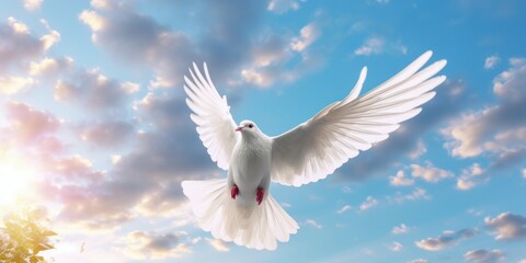 Fototapeta na wymiar International Peace Day, White Dove Flying on Blue Sky Background, Bird of Peace Symbol. Generative Ai