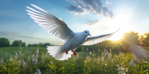 Obraz premium International Peace Day, White Dove Flying on Blue Sky Background, Bird of Peace Symbol. Generative Ai