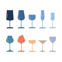 Set of colored glasses for wine, champagne, beer.Different shapes. Flat vector illustration
