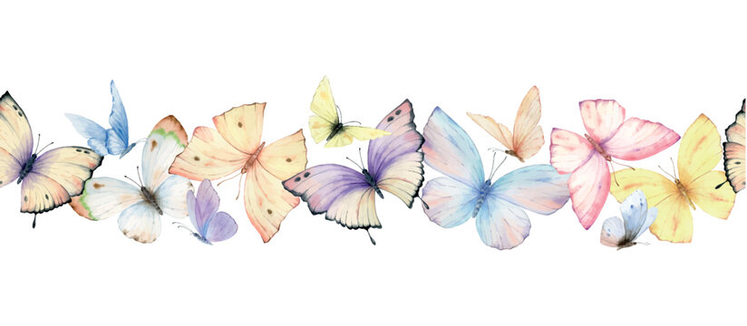Watercolor seamless pattern of multicolored butterflies.