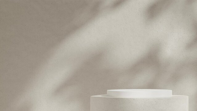 3d footage render blank mockup of white color and ceramics textured cylinder podium looping shadow animation seamless with natural textured wall