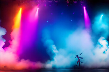 Fototapeta na wymiar Vibrant stage in the glow of colored spotlights, with smoke adding an air of mystery and drama. The image captures the anticipation and excitement inherent in live performances.