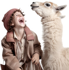 Laughing young boy and llama isolated on white background as transparent PNG, fictional human with animal