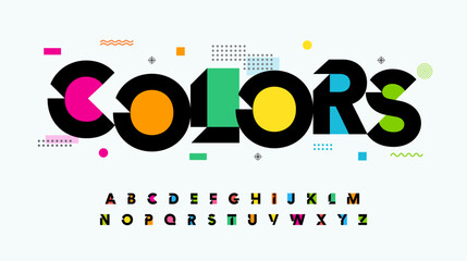 Colors font letters alphabet. Creative art, modern logo typography. Color typographic design with memphis style elements. Letter set for rainbow headline, colored cover title, monogram. Vector typeset