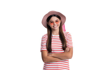 photo of summer stylish glad teenager girl wearing striped tshirt.