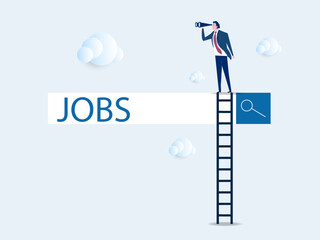 businessman climb up ladder of job search bar with binoculars to see opportunity. Looking for new job, employment, career or job search, find opportunity, seek for vacancy or work position concept.