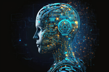 Obraz premium Extremely detailed futuristic robot or cyborg head in profile. Isolated on black background. 3D Render. (ai generated)