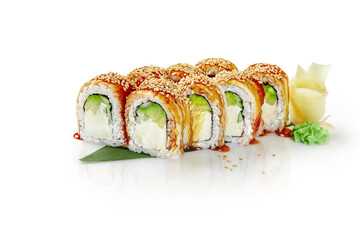 Philadelphia rolls with eel, unagi sauce and sesame on bamboo leaf