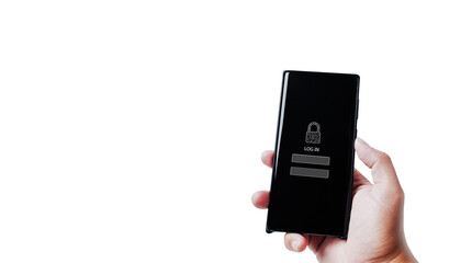 Login and password security on mobile phone holded by hand, sign in to account, object isolated on white background, user login authentication code security concept