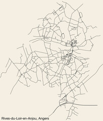 Detailed hand-drawn navigational urban street roads map of the RIVES-DU-LOIR-EN-ANJOU COMMUNE of the French city of ANGERS, France with vivid road lines and name tag on solid background