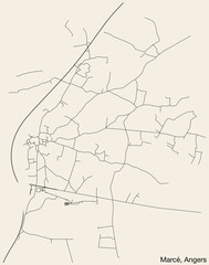 Detailed hand-drawn navigational urban street roads map of the MARCÉ COMMUNE of the French city of ANGERS, France with vivid road lines and name tag on solid background