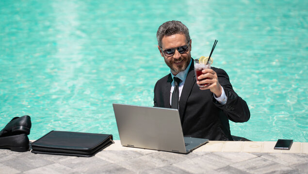business man working remote with laptop, advertisement. photo of business man working remote