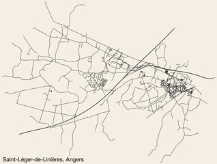 Detailed hand-drawn navigational urban street roads map of the SAINT-LÉGER-DE-LINIÈRES COMMUNE of the French city of ANGERS, France with vivid road lines and name tag on solid background