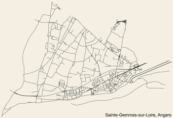 Detailed hand-drawn navigational urban street roads map of the SAINTE-GEMMES-SUR-LOIRE COMMUNE of the French city of ANGERS, France with vivid road lines and name tag on solid background