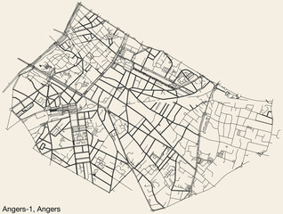 Fototapeta na wymiar Detailed hand-drawn navigational urban street roads map of the ANGERS-1 CANTON of the French city of ANGERS, France with vivid road lines and name tag on solid background