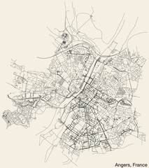 Detailed hand-drawn navigational urban street roads map of the French city of ANGERS, FRANCE with solid road lines and name tag on vintage background