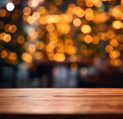 Christmas background. Empty wooden table on the background of the New Year's golden bokeh. Ready for product montage.Generative AI
