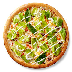 Pizza on yogurt base with mozzarella, chicken sous vide, quail eggs, lettuce
