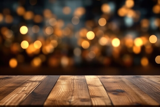 Christmas background. Empty wooden table on the background of the New Year's golden bokeh. Ready for product montage.Generative AI