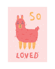 Cute Pink Kids Poster and Nursery Print Design with Llama Vector Illustration