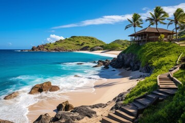 Fototapeta premium Scenic Island With Lodging And Beach Natural Light, Generative AI