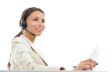 Call center, customer service and business woman with documents on png, isolated and transparent background. Telemarketing, professional and female person with paper for crm, support or communication