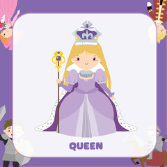 Flashcard of the queen in purple dress with sceptre. Medieval fairytale queen character. Vector outline fantasy monarch kingdom a queen in crown and mantle. Vector fairy tale kingdom flashcard.