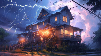 Fototapeta na wymiar house against the backdrop of a thunderstorm.