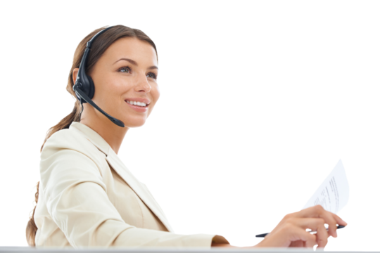Call center, customer service and business woman with documents on png, isolated and transparent background. Telemarketing, professional and female person with paper for crm, support or communication