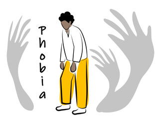 The guy is afraid. Human phobia. Vector illustration isolated on white background.