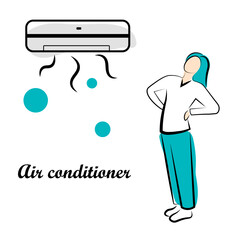 The air conditioner is cooling. A woman is standing near the air conditioner. Vector illustration in doodle style