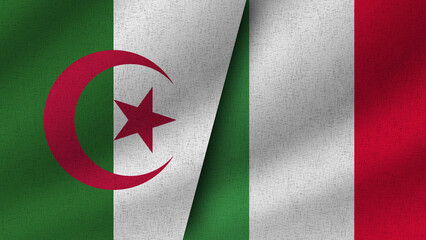 Italy and Algeria Realistic Two Flags Together, 3D Illustration
