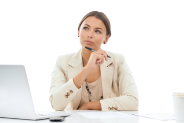 Woman, thinking of ideas for review and inspiration for writing with laptop isolated on transparent png background. Business mindset, future and brainstorming, female professional planning and vision