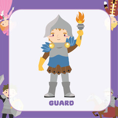 Vector fairy tale kingdom flashcard of kingdom’s guard in armour and holding a torch. Medieval fairytale kingdom’s guard character. Vector outline fantasy monarch kingdom.