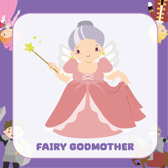Vector fairy tale kingdom flashcard of fairy godmother. Medieval fairytale a fairy godmother cartoon character. Vector outline fantasy monarch kingdom.