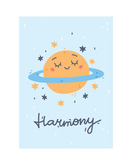 Cute Blue Kids Poster with Planet as Nursery Print Design Vector Illustration