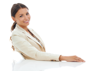 Portrait, smile and confident business woman, bank consultant or agent happy for administration work. Financial advisor, table and proud professional person isolated on a transparent, png background