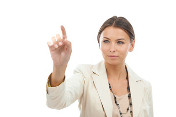Finger, digital interface and business woman on png, isolated and transparent background for ui....